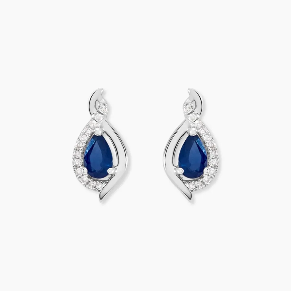 Boucles D'oreilles Puces Angelika Or Blanc Saphir Et Diamant