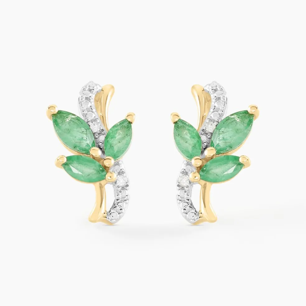 Boucles D'oreilles Puces Angie Or Jaune Emeraude Diamant