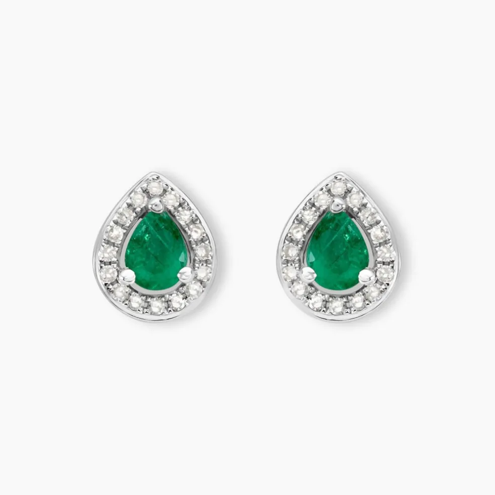 Boucles D'oreilles Puces Elheme Or Blanc Emeraude Et Diamant