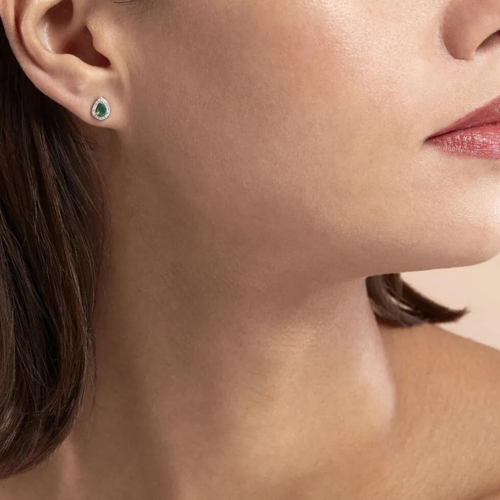 Boucles D'oreilles Puces Elheme Or Blanc Emeraude Et Diamant