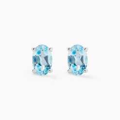 Boucles D'oreilles Puces Ovale Serti Griffe Or Blanc Topaze