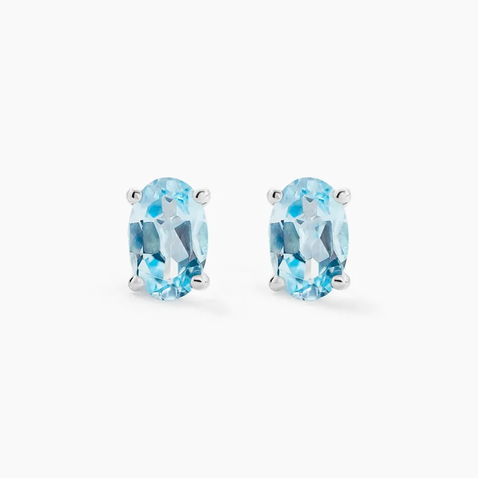 Boucles D'oreilles Puces Ovale Serti Griffe Or Blanc Topaze