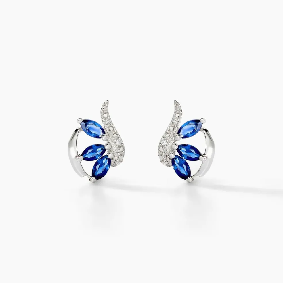 Boucles D'oreilles Puces Petale Or Blanc Saphir Et Diamant