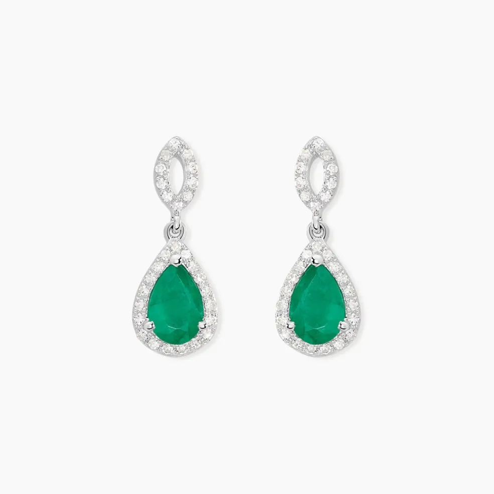 Boucles D'oreilles Puces Sissi Or Blanc Diamant Et Emeraude