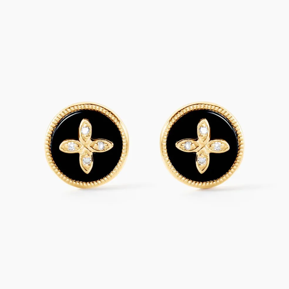 Boucles D'oreilles Puces Talisman Or Jaune Agate Diamant
