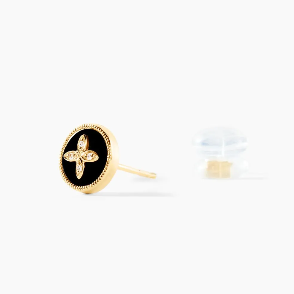 Boucles D'oreilles Puces Talisman Or Jaune Agate Diamant