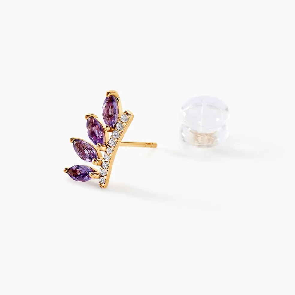 Boucles D'oreilles Puces Tiara Or Jaune Améthyste Oxyde De Zirconium