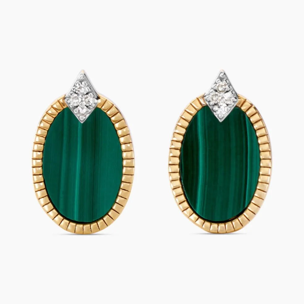 Boucles D'oreilles Puces Tahina Or Jaune Malachite Diamant