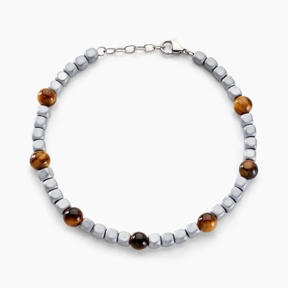 Bracelet Ole Acier Blanc Oeil De Tigre Hématite